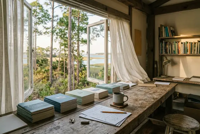 A small press workroom with stacks of freshly printed books on a long wooden table, an open window looking out over longleaf pines and salt marsh.