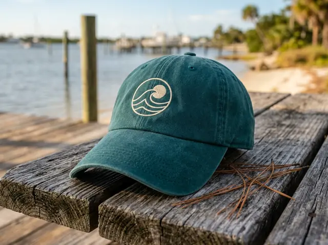 Sun-washed spruce green cotton twill dad cap embroidered with Latitude24 Books wave crest on a weathered dock table with pine needles.