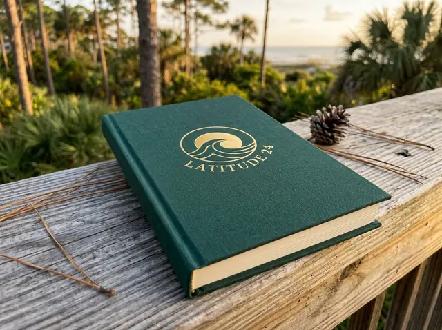 Textured spruce green cloth-bound writer's field journal stamped with the Latitude24 Books gold foil crest on a weathered porch railing overlooking coastal pines.