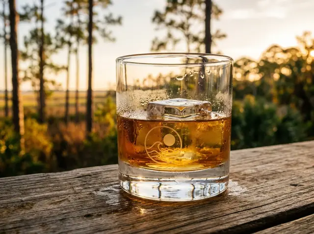 Heavy-base rocks whiskey glass etched with the Latitude24 Books coastal wave emblem, holding amber bourbon on a wooden porch table at golden hour.